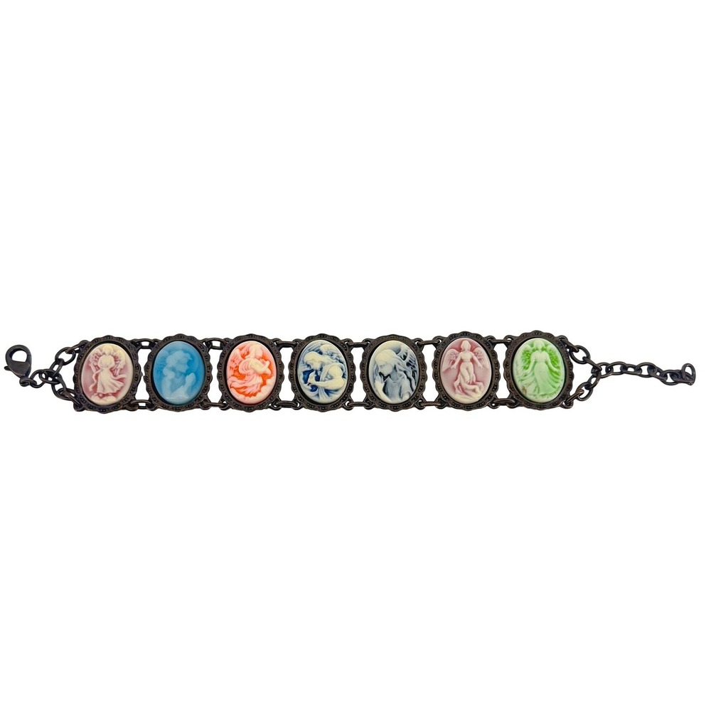 Vintage 7 Angel Cameo Panel Bracelet Antiqued Bronze Pastel Multicolor 8.5in